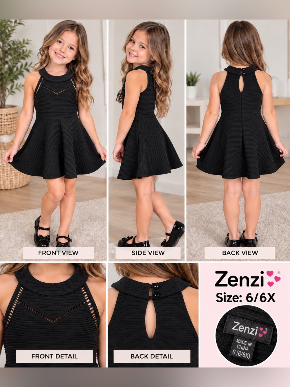 ZENZI Girls’ Black Ribbed / Fit & Flare Dress – Size 6/6X 🖤